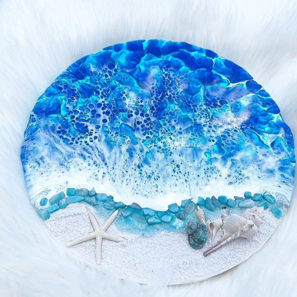 Resin Art Textured Ocean Coastal Wall Hanging Decor Beach Theme Round - Picture 1 of 6